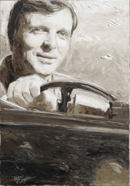 Ebbe Pelle Jacobsen in his Willy's Jeep, portrait painting by Peter Engels