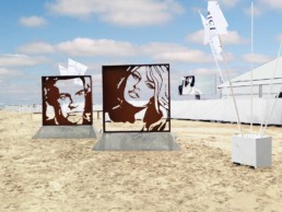 Sean Connery and Brigitte Bardot sculptures by Peter Engels on the beach in Knokke, Belgium