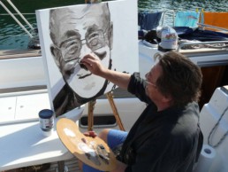 Aboard his yacht Peter Engels is working on the Dalai Lama portrait painting
