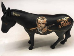 Portrait of 007-actor Sean Connery on the James Bond donkey by Peter Engels. Donkey Parade art auction for charity.
