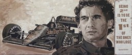 Ayrton Senna portrait painting by Peter Engels with his famous quote: 'Being second is to be the first of the once who lose'.