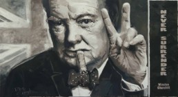 Winston Churchill portrait painting by Peter Engels with his famous quote 'Never surrender'