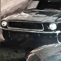 Steve McQueen portrait painting with his Bullit Mustang