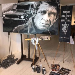 Steve McQueen portrait painting with his Bullit Mustang