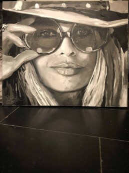Brigitte Bardot with sunglasses, by Peter Engels, 100x140cm, painted with the pallet knife