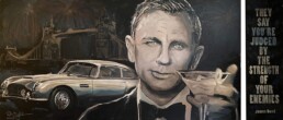 Daniel Craig portrait painting by Peter Engels with quote-burnt painting
