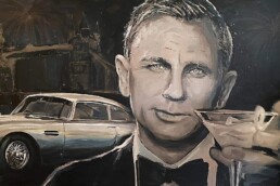 Daniel Craig portrait painting by Peter Engels with quote-burnt painting