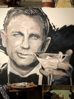 Artwork in progress. Detail of Daniel Craig with Aston Martin DB5 portrait painting by Peter Engels