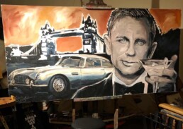 Artwork in progress. For a sense of warmth in the fireworks lit sky Peter Engels paints it sienna and umber. Daniel Craig with Aston Martin DB5 portrait painting by Peter Engels