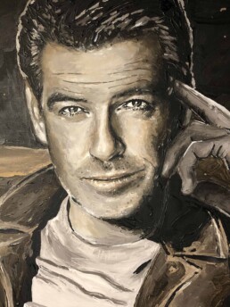 Detail of the Pierce Brosnan with Aston Martin DB5 portrait painting by Peter Engels