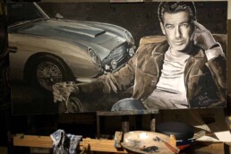 Pierce Brosnan with Aston Martin DB5 portrait painting by Peter Engels