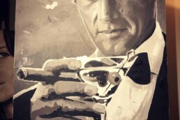 Roger Moore with martini and cigar portrait painting by Peter Engels