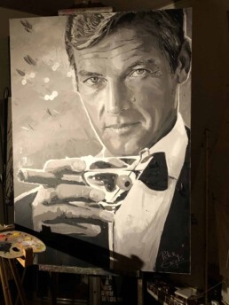 Roger Moore with martini and cigar portrait painting by Peter Engels