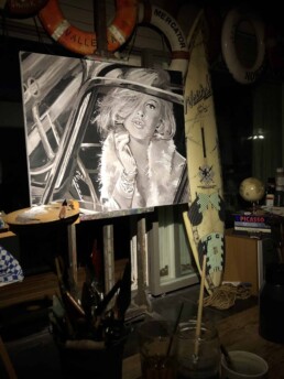 Brigitte Bardot sitting in car-painting by Peter Engels