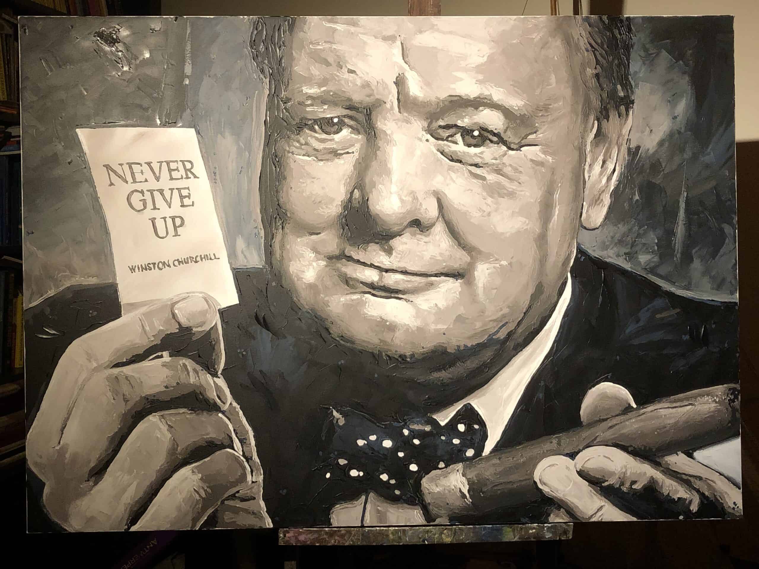 Winston Churchill - Never Give Up portrait painting by artist Peter Engels