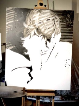 Brigitte Bardot between the sheets portrait painting by Peter Engels. Work in progress