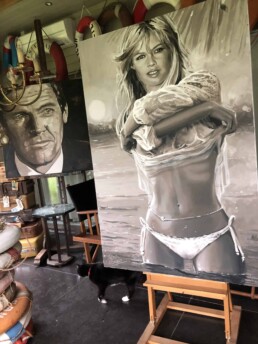 Atelier view with Brigitte Bardot undressing portrait painting by Peter Engels