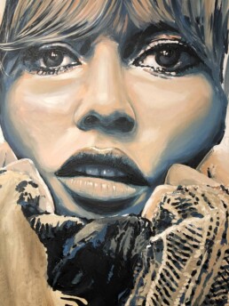 Detail of Brigitte Bardot with woolly gloves portrait painting by Peter Engels