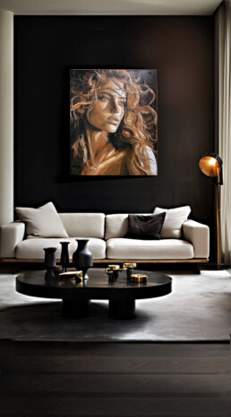 Art collector interior design placing this art piece in a timeless setting for art lovers