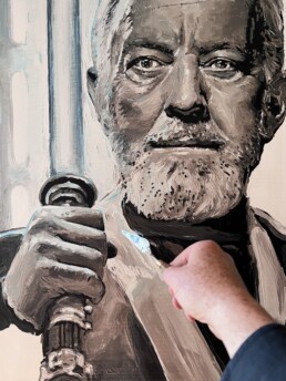 Peter Engels working on the Alec Guinness portrait painting using the palette knife