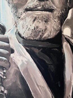 Detail of the palette knife technique in the Alec Guinness portrait painting by Peter Engels