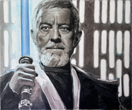 Star Wars-inspired painting of Alec Guinness as Obi-Wan Kenobi by Peter Engels, with a glow-in-the-dark lightsaber.