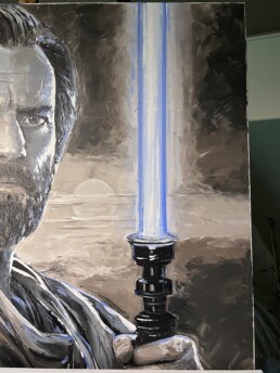 Glow-in-the-dark lightsaber detail in Obi-Wan Kenobi portrait painting by Peter Engels
