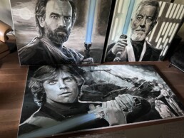 Star Wars trilogy portrait painting with Mark Hamill, Ewan McGregor and Alec Guinness holding luminous lightsabers