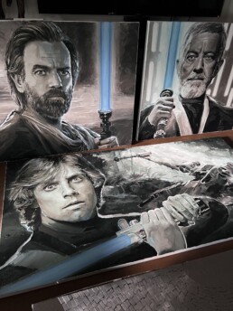 Star Wars trilogy portrait painting with Mark Hamill, Ewan McGregor and Alec Guinness holding luminous lightsabers